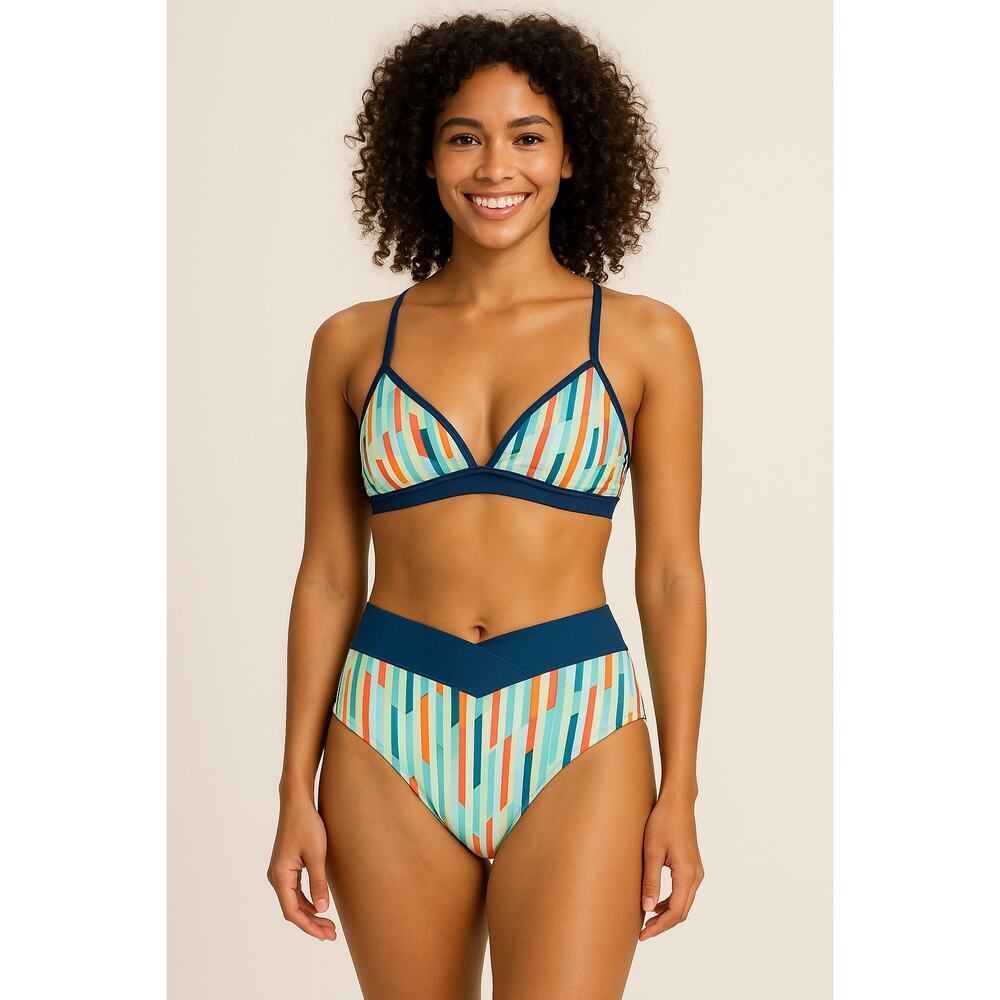 Bingo Surf Positano Bikini Top Size XL & V-Front Bottom Size L Blue Multi Stripe